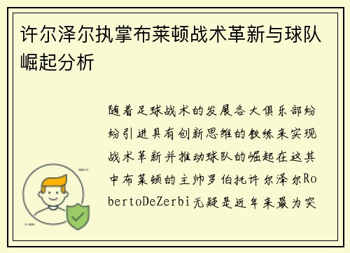 许尔泽尔执掌布莱顿战术革新与球队崛起分析 许尔泽尔执掌布莱顿战术革新与球队崛起分析